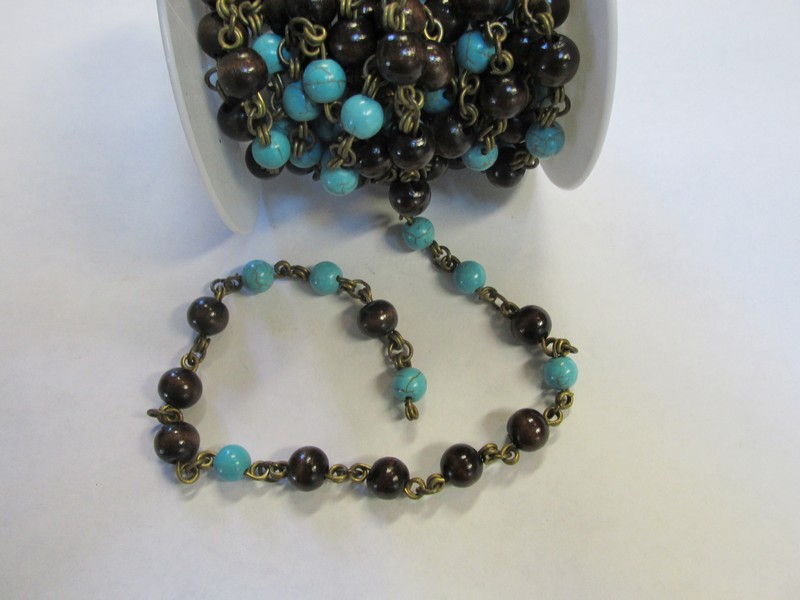(image for) Bead chain - Brown and Turquoise bronze wire 8MM (ROLL)