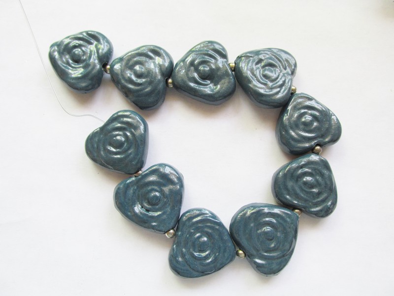 (image for) Blue Ceramic heart rose pendant beads #1847CL
