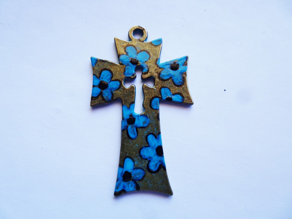 (image for) Bronze cross with Turquoise flowers #RM-369