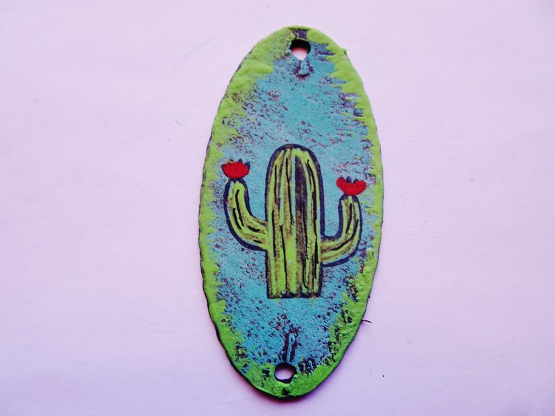 (image for) Oval rustic metal hand painted with cactus #RM-60