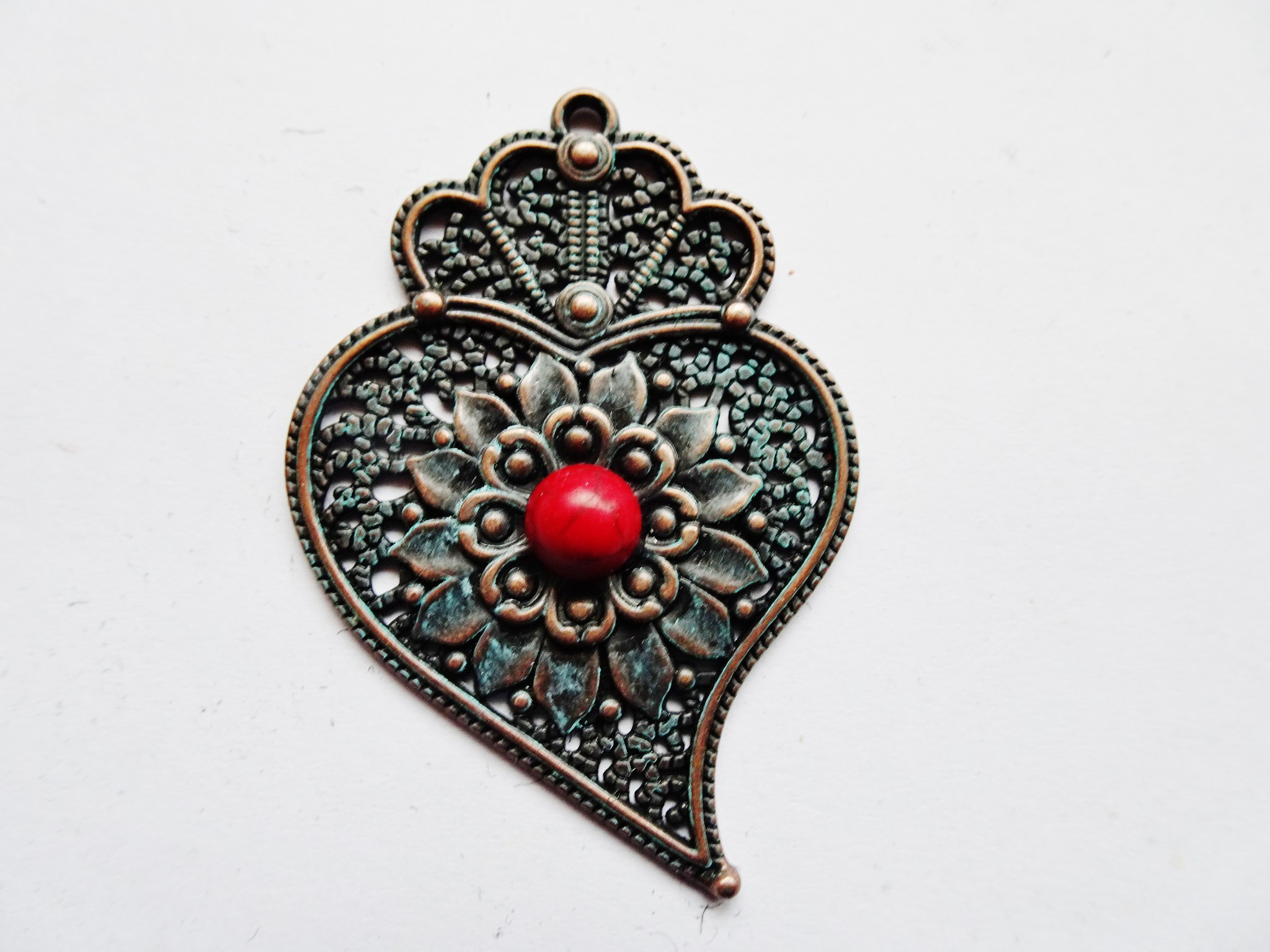 (image for) Copper Milagro heart with red colored stone #RM-448b