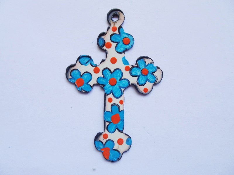 (image for) Cross Turquoise and Orange hand painted flowers #RM-365