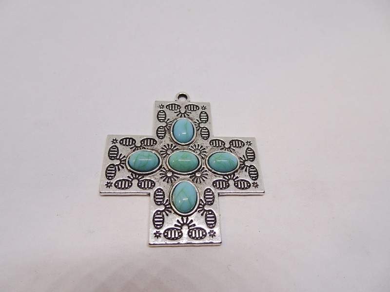 (image for) Antique silver cross pendant with stones #MP-127