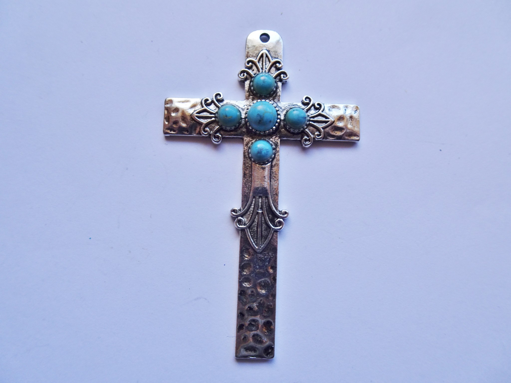 (image for) Antique silver hammered cross pendant with stones #MP59