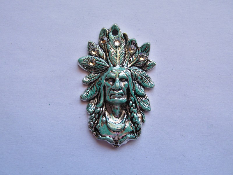 (image for) Antique Silver Indian Pendant Turquoise Patina & Crystals #MP84C