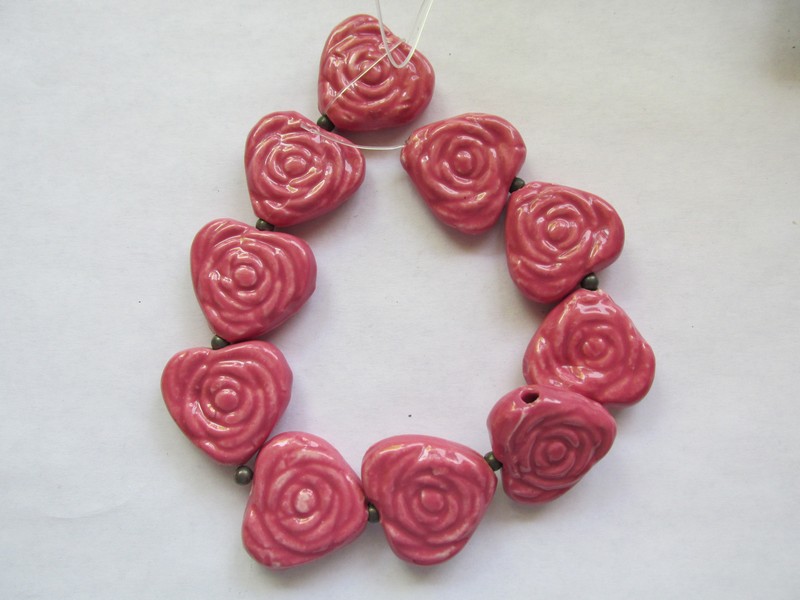 (image for) Pink rose ceramic Heart pendant beads #1846CL