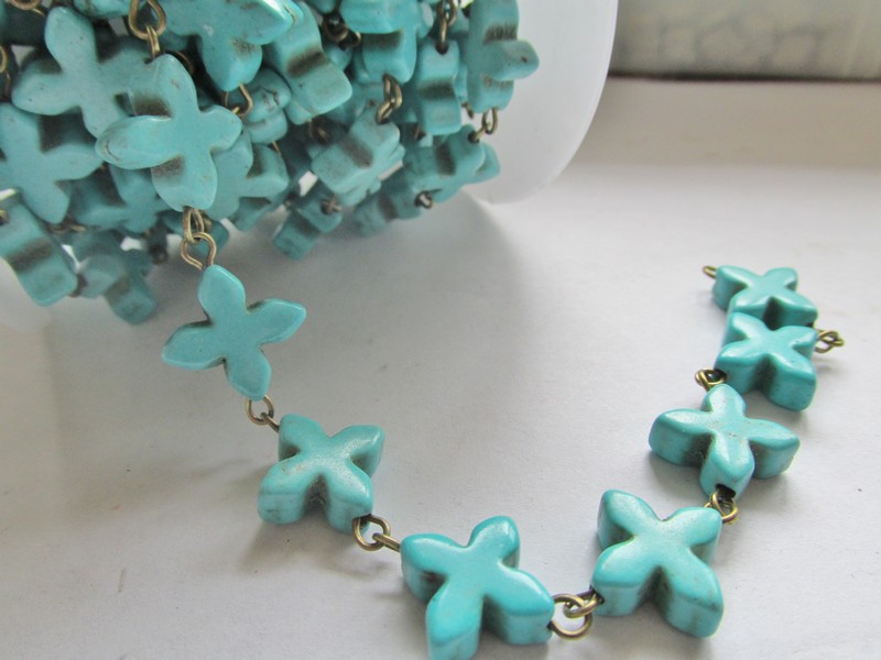 (image for) Bead Chain - Turquoise Rosette Cross Bronze Wire (1 ft)