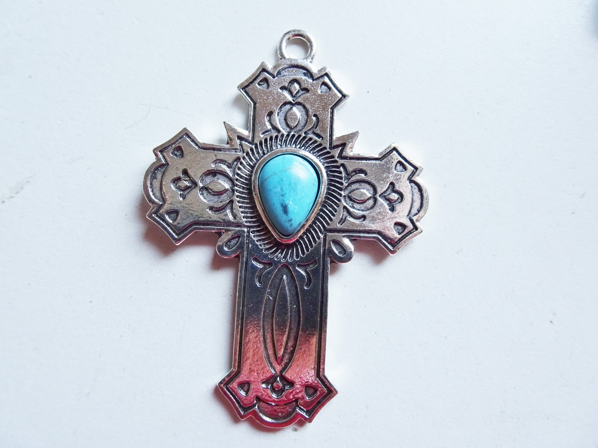 (image for) Antique silver cross with turquoise howlite stone #TUP-14
