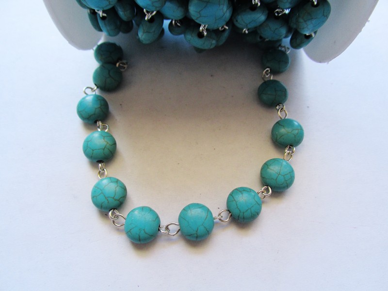 (image for) Bead chain - Turquoise round flat - silver wire (1 Foot)