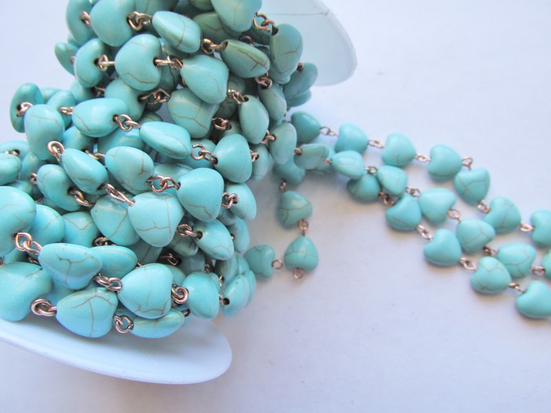 (image for) Bead chain - Turquoise Heart - copper wire 10mm (1 foot)