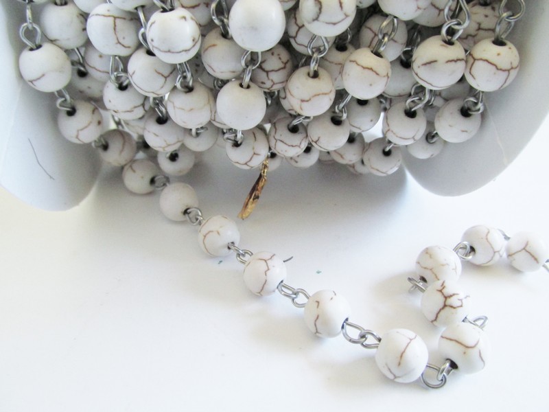 (image for) Bead chain - White Howlite - Silver (ROLL) 8MM