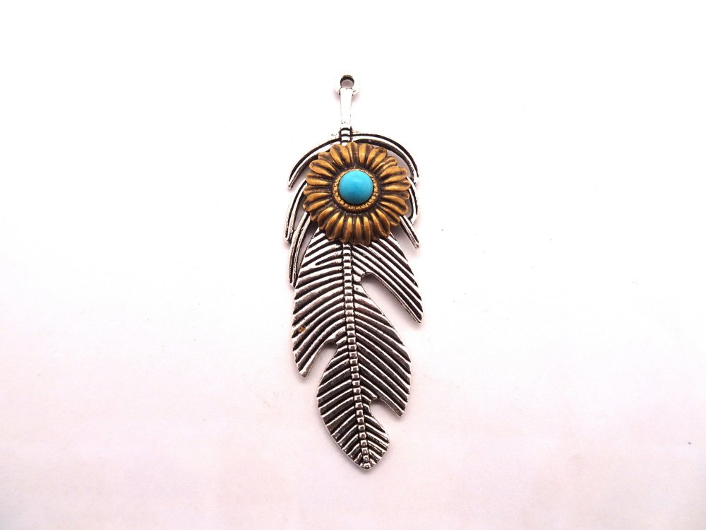 (image for) Feather antique silver with stone #PEN-51