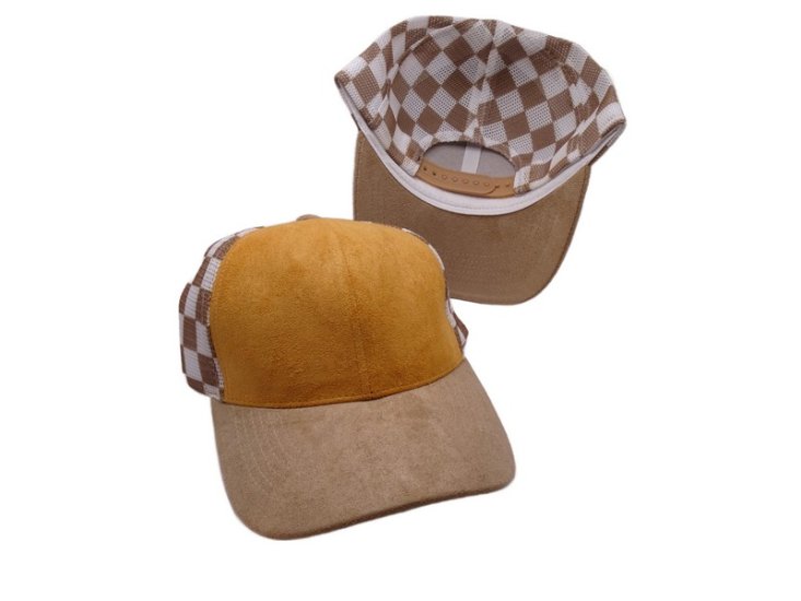 (image for) Checkered Two Tone Mesh snap back cap- Mustard/Tan